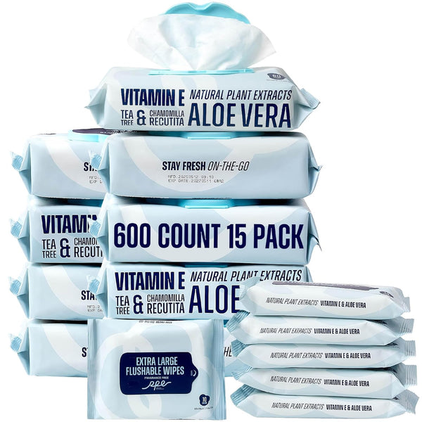 Flushable Wipes 600ct, 9 Pack & 6 Travel Pack